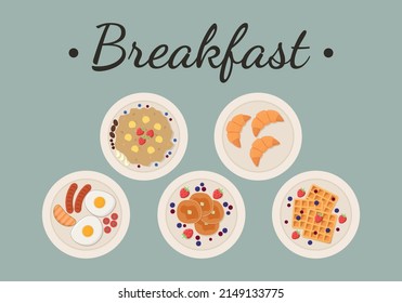 Desayuno. Desayunos variados, vista superior. Gachas de avena, croissants, huevos y salchichas, crepes y gofres. Ilustración vectorial.