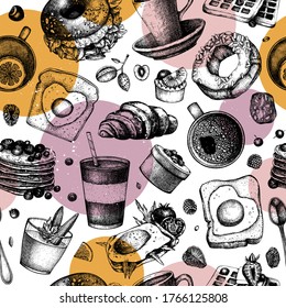 Breakfast vector background. Morning food hand drawn illustrations. Breakfast and brunches menu design. Vintage hand drawn food and drinks seamless pattern. Engraved food backdrop in collage style