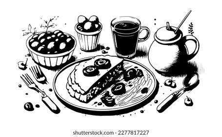 Breakfast vector black line illustration isolated white. Sketch art