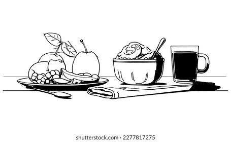 Breakfast vector black line illustration isolated white. Sketch art