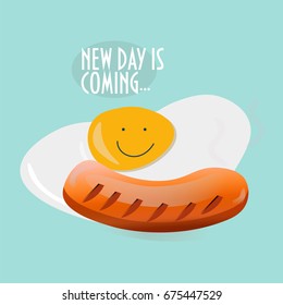 Breakfast vector childish styled illustration: fried egg with a happy yolk and a smoked sausage. 