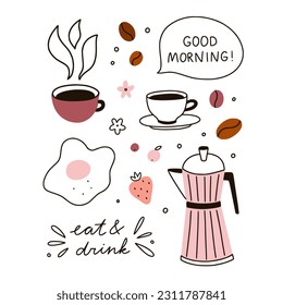 Breakfast vector clipart. Doodle food illustrations: coffee cups, egg, coffee beans and lettering