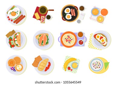 Breakfast vector coffee and fried eggs with croissant and fruits in the morning break illustration set of healthy food porridge or cereal isolated on white background