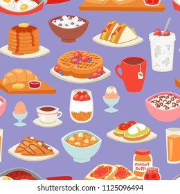 Breakfast vector coffee and fried eggs with sweet dessert in the morning illustration set of healthy food porridge or cereal and croissant on coffeebreak seamless pattern background