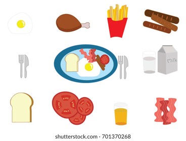 breakfast vector collections. Set of are bread, fried egg, bacon, orange juice, tomato, sausage, french fries, fried chicken, milk