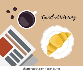 Breakfast vector concept with coffee, croissant and newspaper
