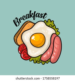 Breakfast vector concept with food cartoon hand drawn icons in circle composition. Breakfast composition sandwich and fried egg and sausages with vegetables, breakfast food menu illustration.