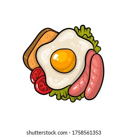 Breakfast vector concept with food cartoon hand drawn icons in circle composition. Breakfast composition sandwich and fried egg and sausages with vegetables, breakfast food menu illustration isolated.