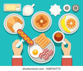 Breakfast vector concept with fresh food and drinks top view. Composition breakfast bacon and fresh snack, breakfast food set illustration