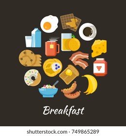 Breakfast vector concept. Fresh and healthy food flat iconce in circle design. Breakfast food fruit and egg, drink orange and coffee illustration