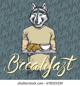 Breakfast vector concept. Illustration of husky dog with croissant and coffee 