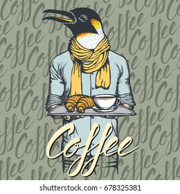 Breakfast vector concept. Illustration of penguin with croissant and coffee 