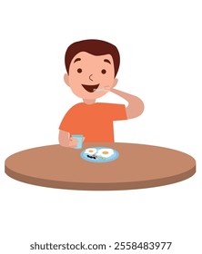 Breakfast vector. Eating breakfast illustration. Kid eating breakfast design.