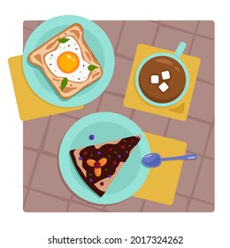 Breakfast vector. Egg sandwich. Coffee with marshmallows. Piece of cake. Cooking.