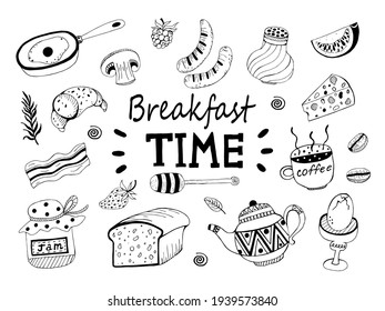 Breakfast vector icons. Isolated objects of morning meal on a white background. Flat style, doodle