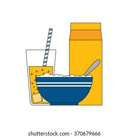Breakfast vector illustration. Bowl of oatmeal and glass of orange juice