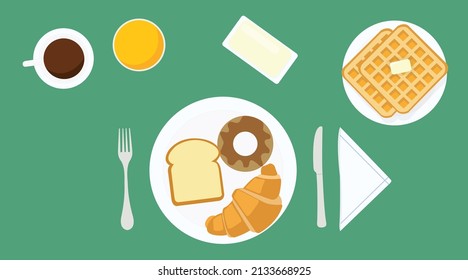 Breakfast Vector Illustration with croissant, donut, bread, waffles, coffee, juice, butter and cutlery.