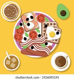 Breakfast vector illustration. Food and drinks. Toast, pancakes, waffles, sausages, eggs, bacon. Tea and coffee.