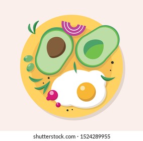 breakfast vector illustration with fried eggs, avacado and olives. Vector illustration. Eating on a plate is a top view.