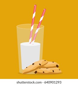 Breakfast. Vector illustration. Glass of milk and cookies. 