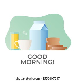 Breakfast vector illustration. Glass of orange juice, cup of coffee, milk and bread toast. Isolated on white, flat design.