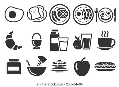 Breakfast vector illustration icon set. Included the icons as bacon, fry egg, sausage, fruit juice, coffee, pancake and more.
