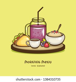 Breakfast Vector illustration. Oatmeal bowl with forest berries, natural Smoothie, fresh sandwich and coffee. Tasty morning food.