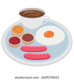 Breakfast vector illustration on white background. There was sausage, eggs, coffee, ketchup, mustard and barbecue sauce.