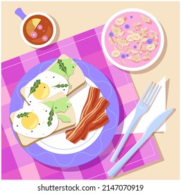 Breakfast vector illustration, pink yummy breakfast picture, a plate with  eggs and avocado toasts, cereal bowl, bacon and tea for breakfast, cafe advertising illustration, healthy breakfast postcard