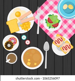 Breakfast vector illustration. Plate with sausage, sandwich and egg. Flat style