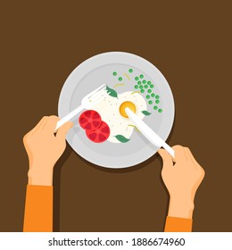 Breakfast vector illustration. Plate with sausage, sandwich and egg. Flat style