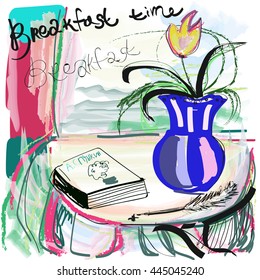 Breakfast .Vector illustration, of a scrambled.. Breakfast time poster.Breakfast time logo, fork, knife, good morning. Lettering, calligraphy logo, sketch style. Hand drawn vector illustration.