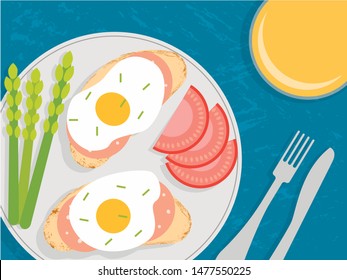 breakfast vector illustration with toast, eggs, tomato, asparagus on a plate, juice and cutlery