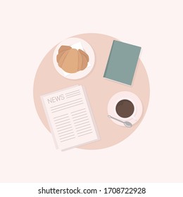 Breakfast vector illustrations. Morning meal, coffee and croissant top view.