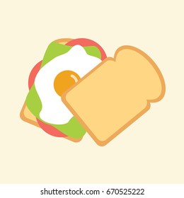 breakfast vector isolated. sandwich flat design style cartoon & fried egg, lettuce, tomato & bacon, sausage. healthy bread with vegetables. tasty & Appetizing food icon for web magazine.