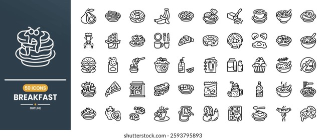 Breakfast vector line icon set. Contains linear outline icons like Food, Drink, Restaurant, Cake, Meal, Donut, Juice, Vegetable, Hamburger, Soup, Milk, Fast Food, Coffee. Editable use and stroke.