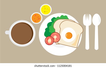 Breakfast vector on background.Breakfast vector design,coffee,egg,bread,tomato,jam