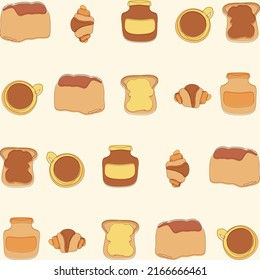 Breakfast vector pattern. Bread, croissant, coffee, chocolate spread. Cafe menu design.