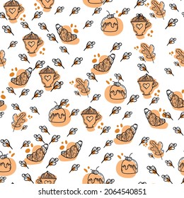 Breakfast Vector seamless pattern. Cream and cherry muffins. Cappuccino and croissant. Festive desserts, pastries. Linear drawing in vintage style. Design for wrapping paper, fabric, print.