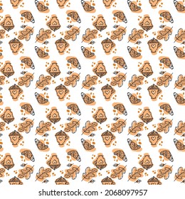 Breakfast Vector seamless pattern. Cream and cherry muffins. Cappuccino and croissant. Festive desserts, pastries. Linear drawing in vintage style. Design for wrapping paper, fabric, print.