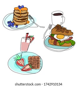 Breakfast vector set blueberry pancakes waffles sandwich bacon eggs coffee smoothie cafe restaurant menu