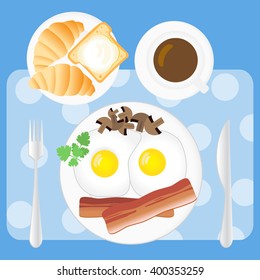 Breakfast vector set in flat style. Fried eggs, bacon, mushrooms, parsley, coffee, croissants, bread and butter on white plates