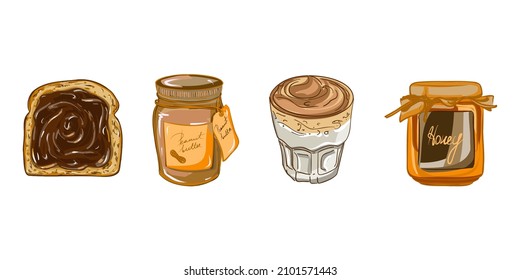 Breakfast vector set of four elements. Hazelnut spread toast, peanut butter jar, coffee latte in glass, honey jar. Cartoon style bright illustration. Sweet morning meal. White background.