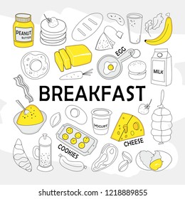 Breakfast. Vector set with hand drawn doodles on the  theme of food. Sketches for use of design.  Bread, butter, eggs, vegetables, fruits, milk, meat and baking.