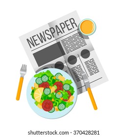 Breakfast vegetable salad and orange juice top view. Newspaper on table with food illustration. Morning breakfast food and drink. Plates of Breakfast on the table. Breakfast in different cultures.