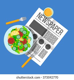 Breakfast vegetable salad and orange juice top view. Newspaper on table with food illustration. Morning breakfast food and drink. Plates of Breakfast on the table. Family Breakfast in cultures.
