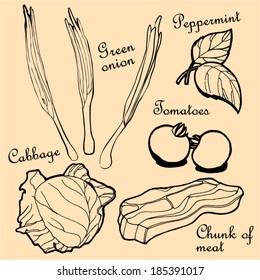 Breakfast veggies contour. Hand drawn sketches of vegetables