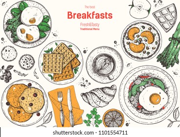 Breakfast vintage top view frame in color. Vintage hand drawn food sketches.  Morning food and hot drinks menu vector template. Breakfast and brunch dishes background. Engraved style breakfast design.