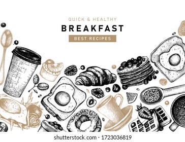 Breakfast vintage top view frame in color. Morning food and hot drinks menu vector template. Breakfast and brunch dishes background. Vintage hand drawn food sketches. Engraved style breakfast design.