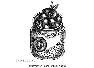Breakfast vintage vector illustrations collection. Black and white chia pudding.